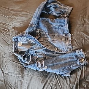 Distressed with patching American Eagle denim jacket